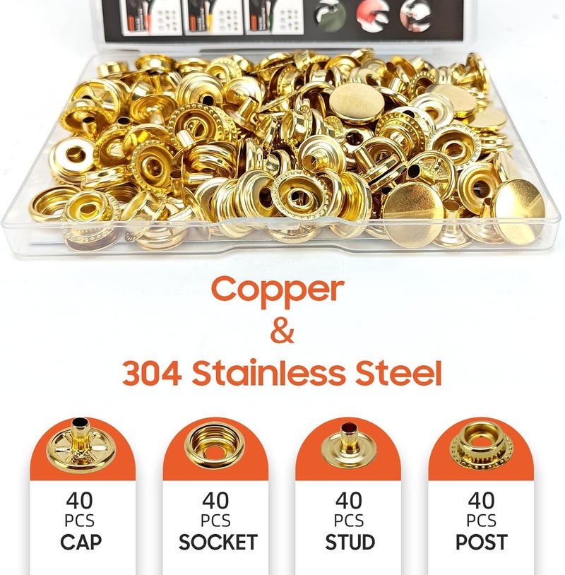 HAPDEN 160 Pcs Snap Buttons, Fasteners Kit 15mm Stainless Steel Marine Grade Boat Canvas Snaps, 3/8" Socket Metal for Clothing Leather Boat Cover Fabric (Gold) - Image 4
